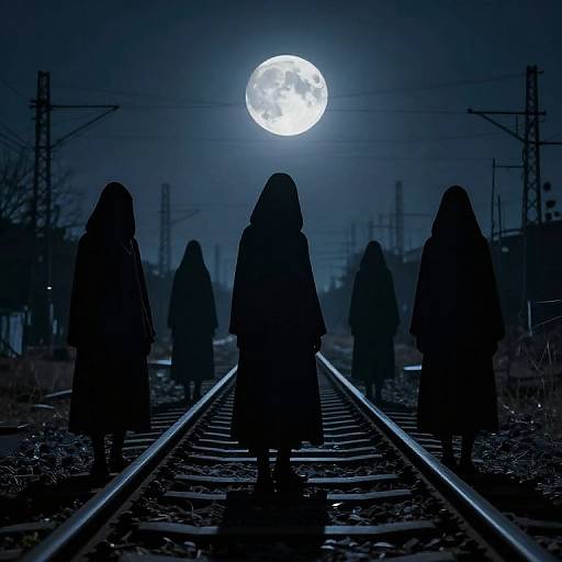 Silhouetted figures in long coats walk along a moonlit railway, illuminated by a full moon, under a dark, cloudy sky. Photograph.