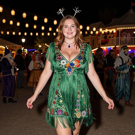 Photograph of a smiling woman with fair skin, brown hair, wearing a green fringe dress adorned with colorful embroidery, antler headpiece, and blue