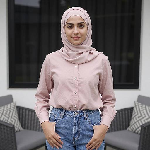 Photograph of a young woman with light brown skin, wearing a pink hijab, pink blouse, and blue jeans, standing outdoors in front of black