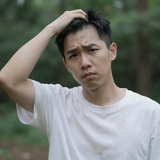 Confused Man in Green Forest Setting