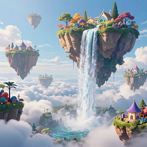 Whimsical digital artwork of floating islands with colorful houses, waterfalls, and vibrant trees amidst fluffy clouds in a bright blue sky.