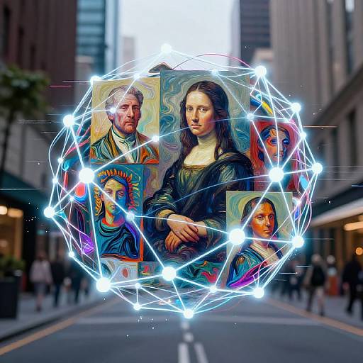 Digital artwork of the Mona Lisa surrounded by glowing, interconnected light points, with Renaissance-style portraits of a bearded man and another woman, set against a