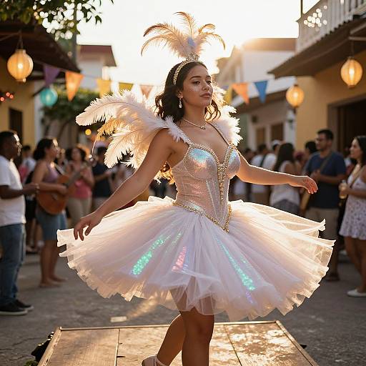 Photograph of a Latina woman in a sparkling, white feathered ball gown with a feathered headpiece, dancing in a sunlit street festival,