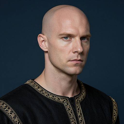 Photograph of a bald, fair-skinned man with blue eyes, wearing a black medieval-style shirt with gold embroidered trim, against a dark blue background
