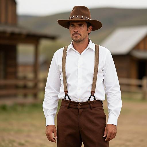 Photograph of a rugged, middle-aged man in a white shirt, brown suspenders, and hat, standing in a rustic, rural setting.