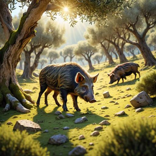 Wild Boars in Olive Grove at Sunrise