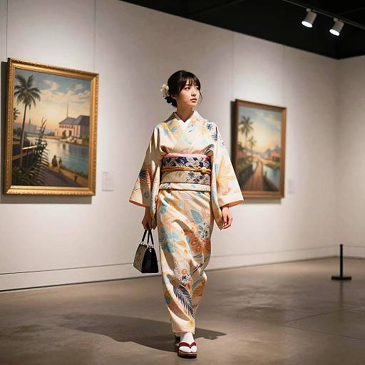 Photograph of an Asian woman in a colorful floral kimono, carrying a black purse, walking through an art gallery with two framed paintings on white walls