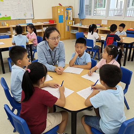Photograph of an Asian female teacher with glasses, in a blue shirt, leading a classroom discussion with six young Asian students at a wooden table. Bright