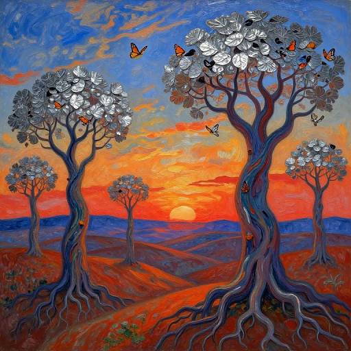 Vibrant sunset painting of surreal trees with silver leaves, colorful butterflies, and twisted roots, set against a vivid orange and blue sky. Digital art