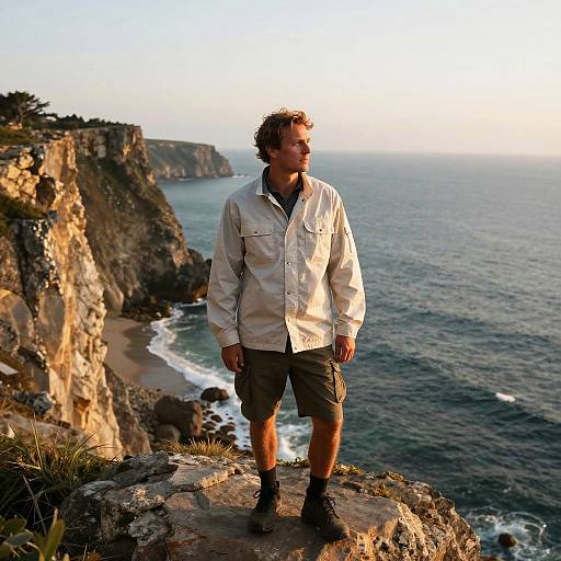 Photograph of a bearded man in a white shirt and khaki shorts, standing on a rocky cliff overlooking a vast ocean and cliffs at sunset.