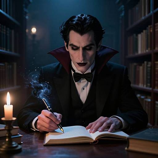Photorealistic digital artwork of a dark-haired, pale-skinned vampire in a black tuxedo, writing in an open book with a smoking qu