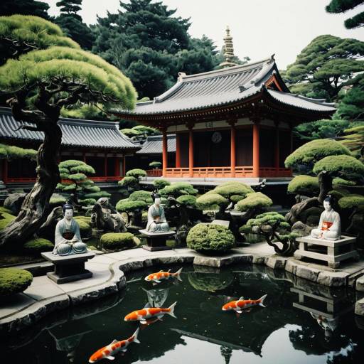 Serene Oriental Temple Garden with Koi Pond