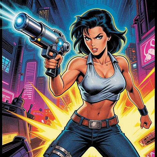 Comic-style digital art: muscular woman with black hair, white tank top, and blue jeans, aiming a glowing blue gun in a neon-lit,