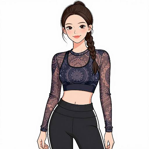 Digital anime-style drawing of a fair-skinned woman with brown hair in a braid, wearing a black lace crop top and high-waisted black
