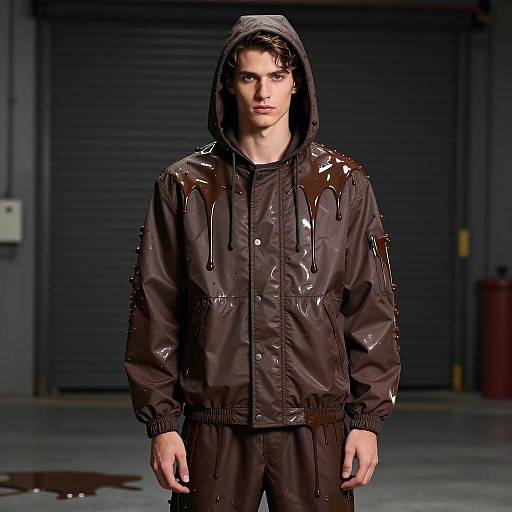 Male Model Wearing Drip Costume with Chocolate-Like Liquid
