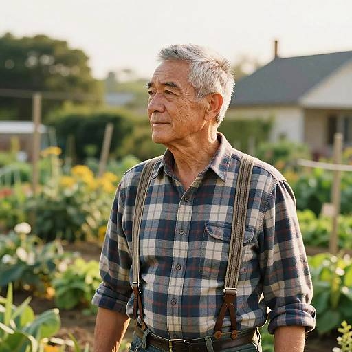 Photograph of an elderly white man with gray hair, wearing a blue plaid shirt and suspenders, standing in a sunny garden.