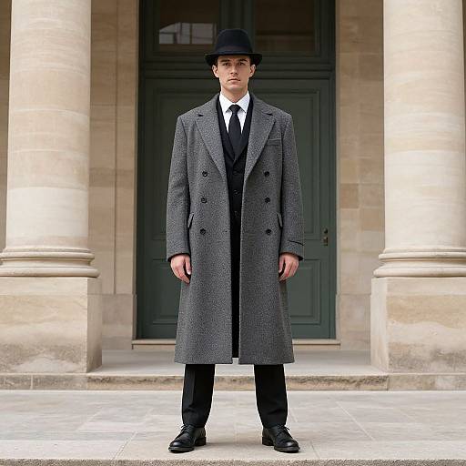 Photograph of a young man in a gray double-breasted overcoat, black hat, white shirt, black tie, and black trousers, standing in