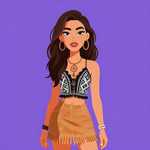 Digital illustration of a confident woman with long dark hair, wearing a black lace crop top, gold hoop earrings, and a fringe skirt, against a purple