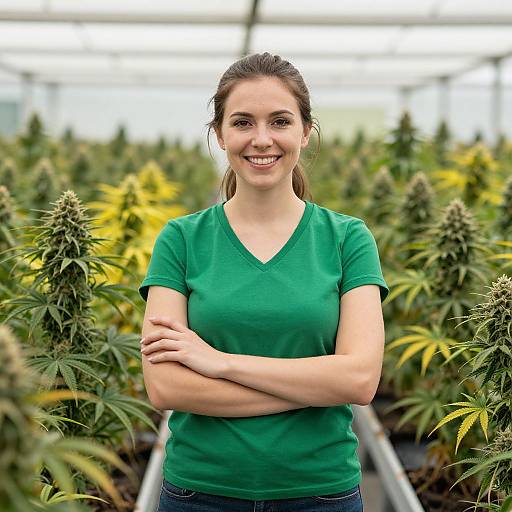 Photograph of a smiling young woman with light skin, brown hair in a ponytail, wearing a green V-neck shirt, standing in a greenhouse with