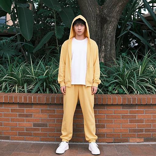 Photograph of a young man standing in front of a brick wall and lush greenery, wearing a yellow hooded jacket, matching joggers, and