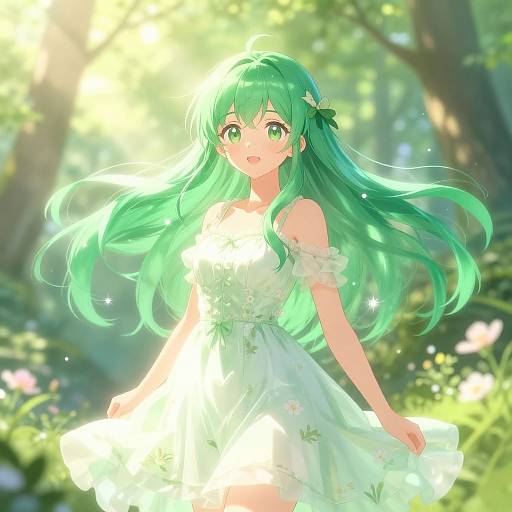 Emerald-Haired Anime Girl in Forest
