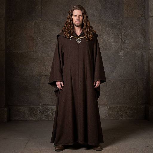 Photograph of a man with long, wavy brown hair, wearing a black medieval-style robe with a silver pendant, standing against a dark stone wall