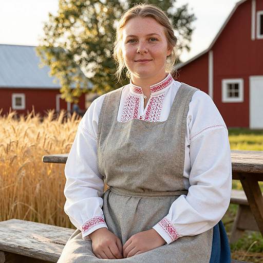 Photograph of a smiling, fair-skinned woman with blonde hair in a traditional white blouse and grey pinafore, seated outdoors by a wooden bench