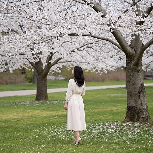 Photograph of a woman with long black hair in a white dress, standing under a blooming cherry blossom tree in a green grassy park.