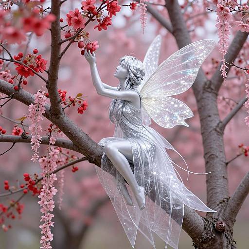 Photograph of a silver fairy statue with transparent wings, perched on a cherry blossom tree, reaching for red flowers.