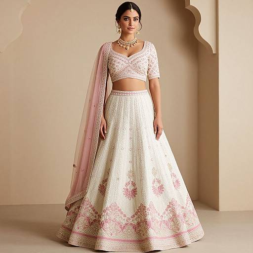 Photograph of a South Asian woman in a white, floral-embellished lehenga with pink borders, lace crop top, and pink dupatta