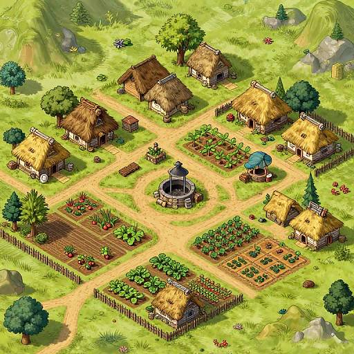 Isometric digital illustration of a vibrant, sunny village with thatched-roof huts, gardens, a central round hut, and trees in a green