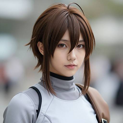 Photograph of a young Asian woman with brown hair in a short bob, wearing a white high-neck top and carrying a brown bag, with a blurred