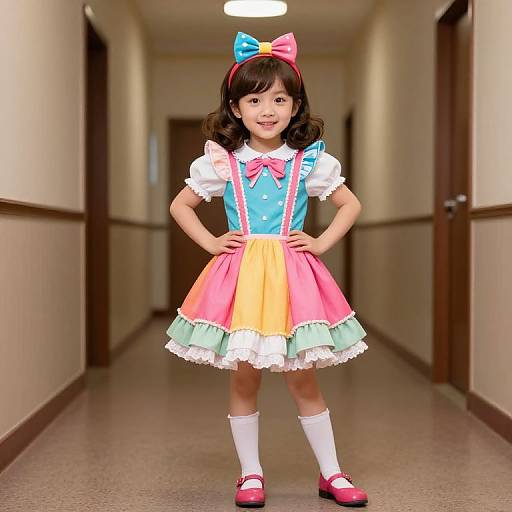 Photograph of a young Asian girl in a colorful, polka-dotted, puffed-sleeve dress, pink bow, and red shoes,