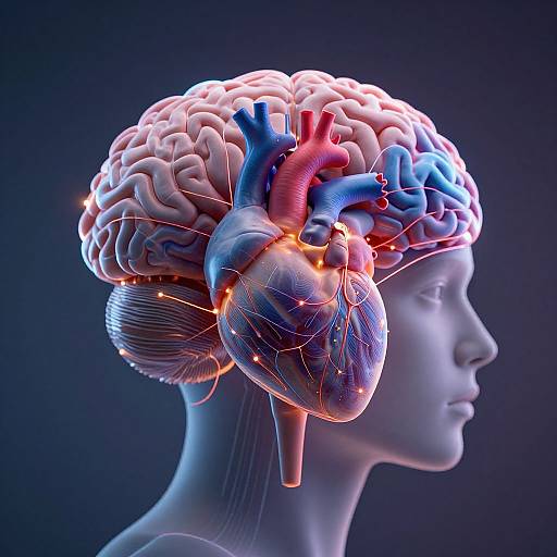 Digital CGI of a human head in profile with a glowing, neon-lit brain and heart, highlighting vascular networks against a dark blue background.