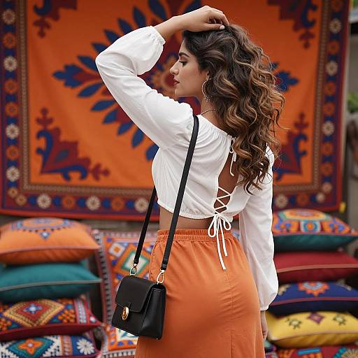 Woman in White Crop Top and Orange Skirt with Colorful Textile Background