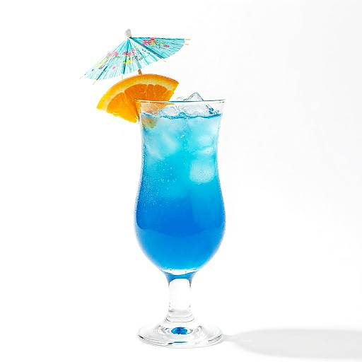 Photograph of a vibrant blue cocktail with ice cubes, an orange slice, and a small umbrella, set against a white background.