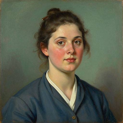 Realistic oil painting of a young Caucasian woman with fair skin, brown hair in a bun, wearing a dark blue shirt with white collar, against a
