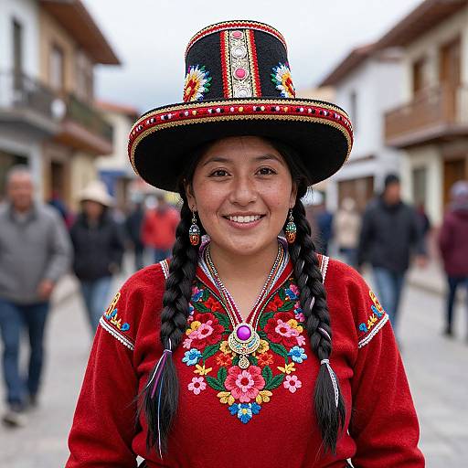 Photograph of a smiling indigenous woman in traditional Andean attire, wearing a colorful embroidered red blouse, floral necklace, and black hat, standing in a