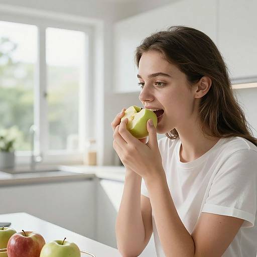 Photograph of a young woman with long brown hair, wearing a white t-shirt, biting into a green apple in a bright, modern kitchen with white