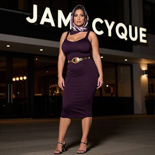Photograph of a plus-sized woman with medium brown skin, wearing a black sleeveless dress, white and purple headscarf, gold belt, and