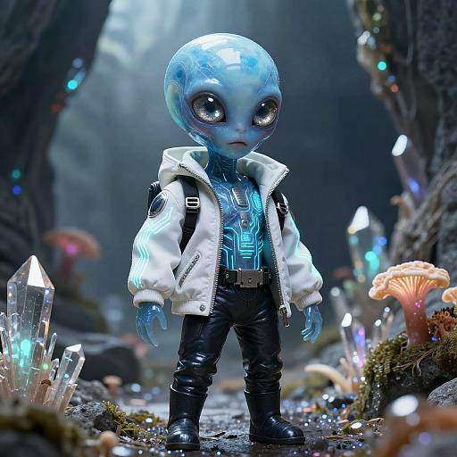 Photorealistic CGI of a blue-skinned alien child with large eyes, wearing a white jacket, black pants, and boots, standing in a glowing