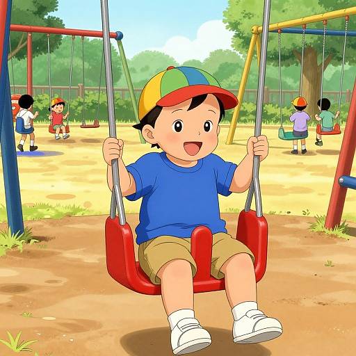 Happy Toddler on Colorful Playground Swing