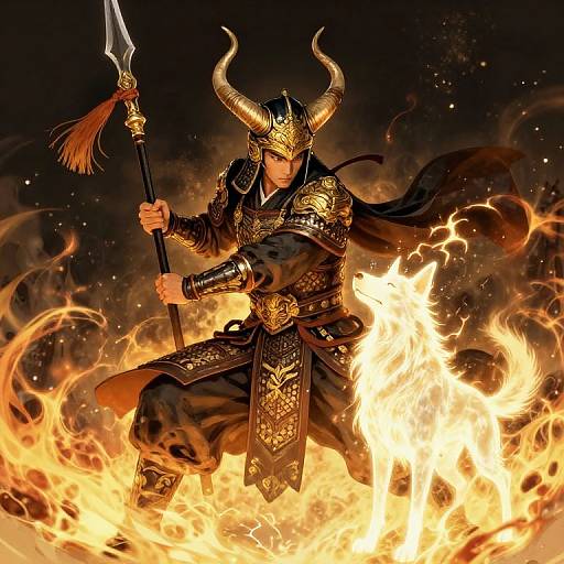 Eastern Warrior with Spectral Dog and Flames