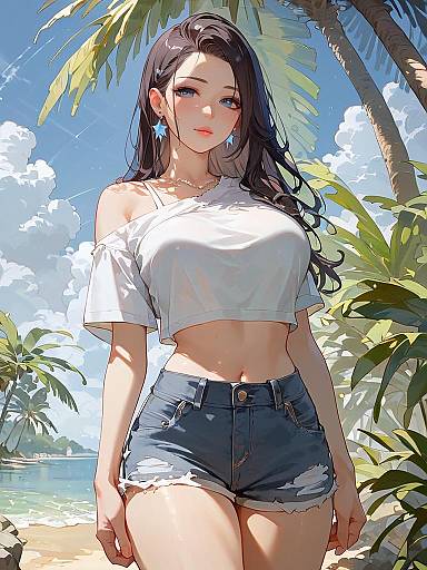Stylish Young Woman in Summer Fashion on Tropical Beach