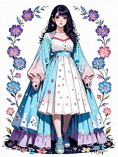 Woman in Polka-Dot Dress with Floral Frame