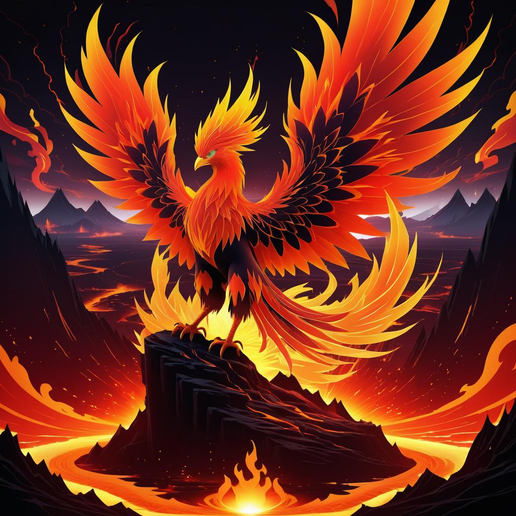 Phoenix Rising in Volcanic Anime Art