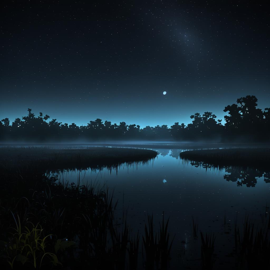 Eerie Moonlit Marshy Delta Scene