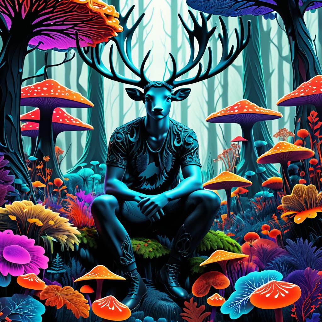 Whimsical Elk Boy in Fungal Wonderland