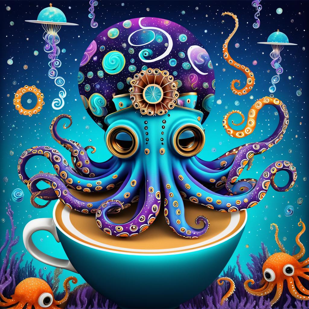 Whimsical Galactic Coffee Octopus Illustration