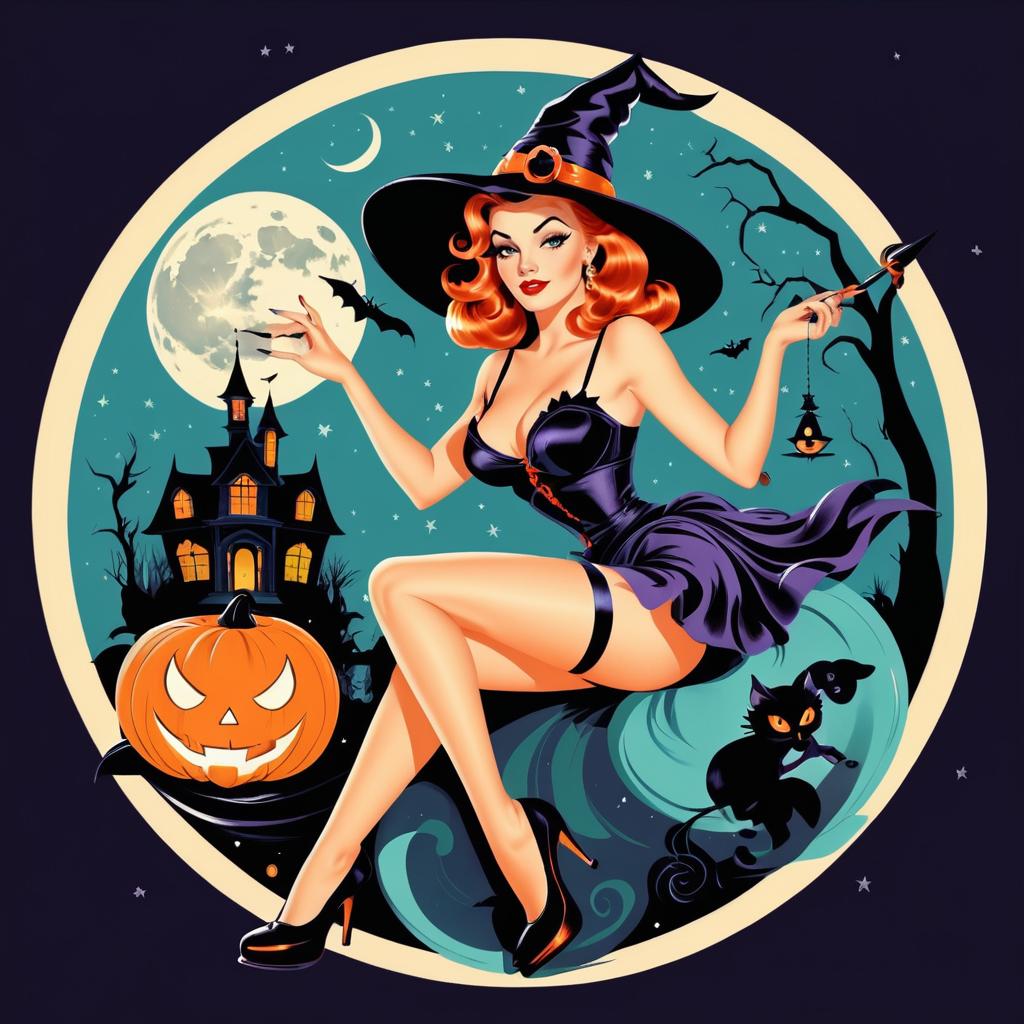 Vintage Pin-Up Witch in Halloween Style